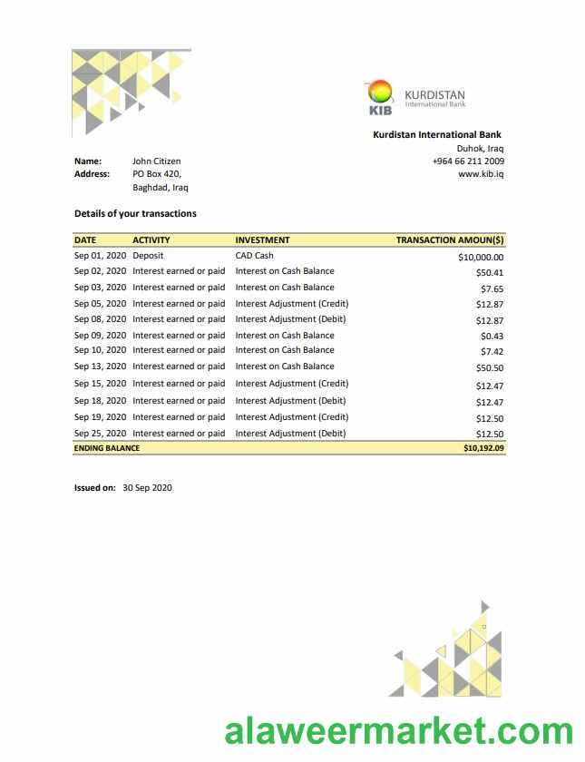 Iraq Kurdistan International Bank proof of address statement template in Excel and PDF format